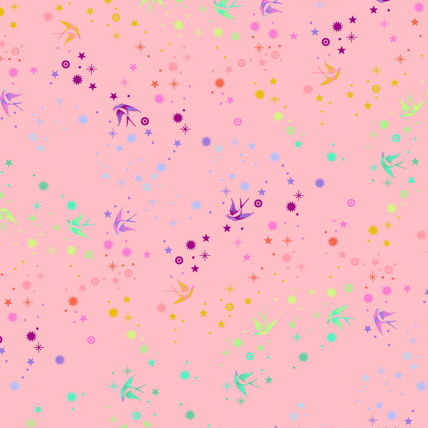 True Colors Fairy Dust in Blush features colorful birds swooping among fanciful rainbow stars on a rosy pink background.