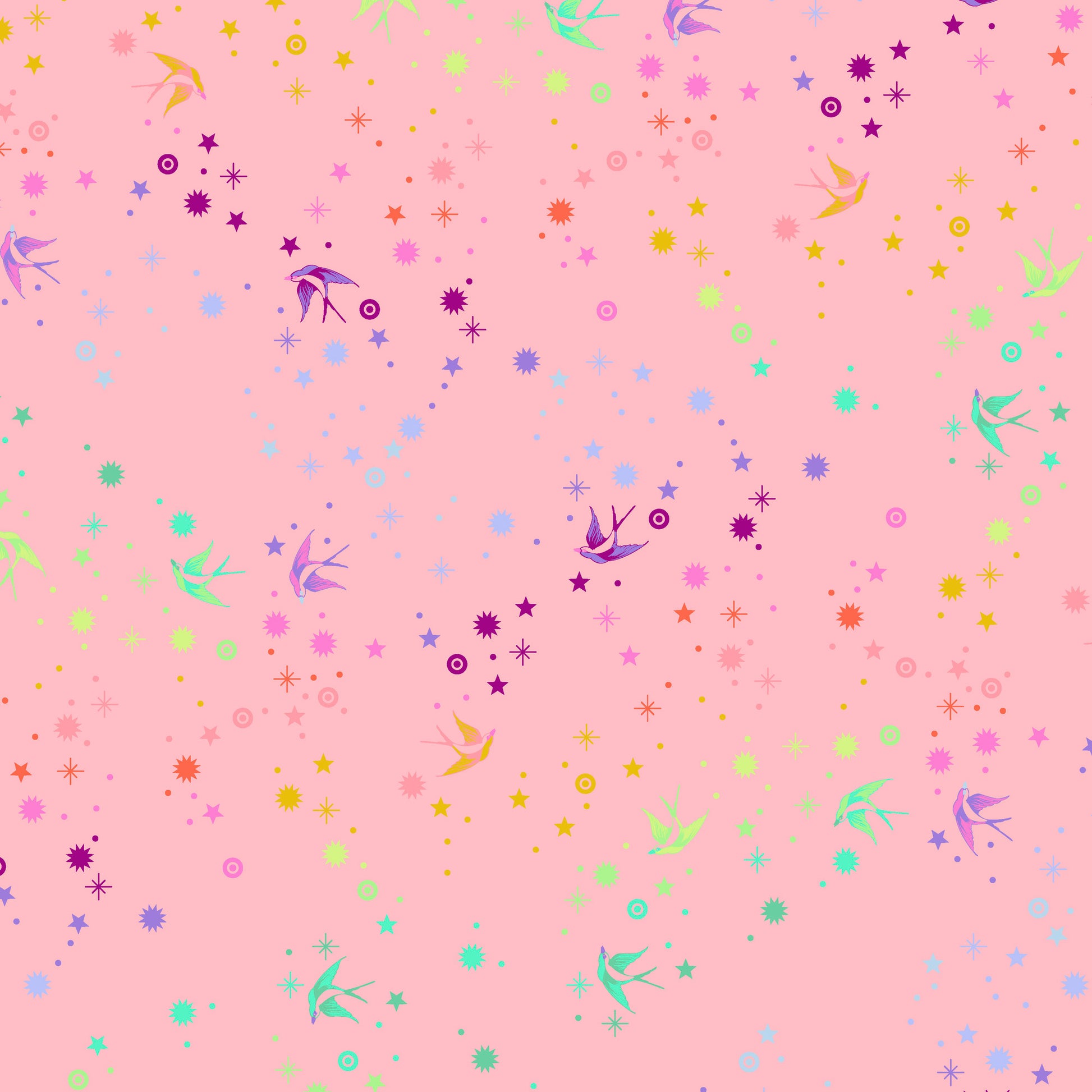 True Colors Fairy Dust in Blush features colorful birds swooping among fanciful rainbow stars on a rosy pink background.