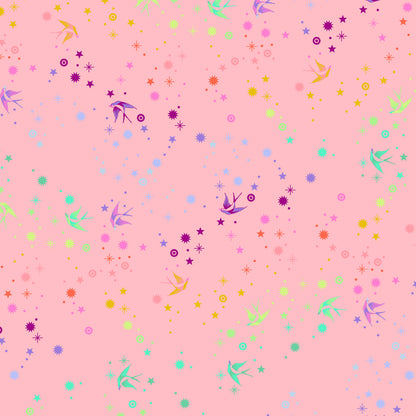 True Colors Fairy Dust in Blush features colorful birds swooping among fanciful rainbow stars on a rosy pink background.