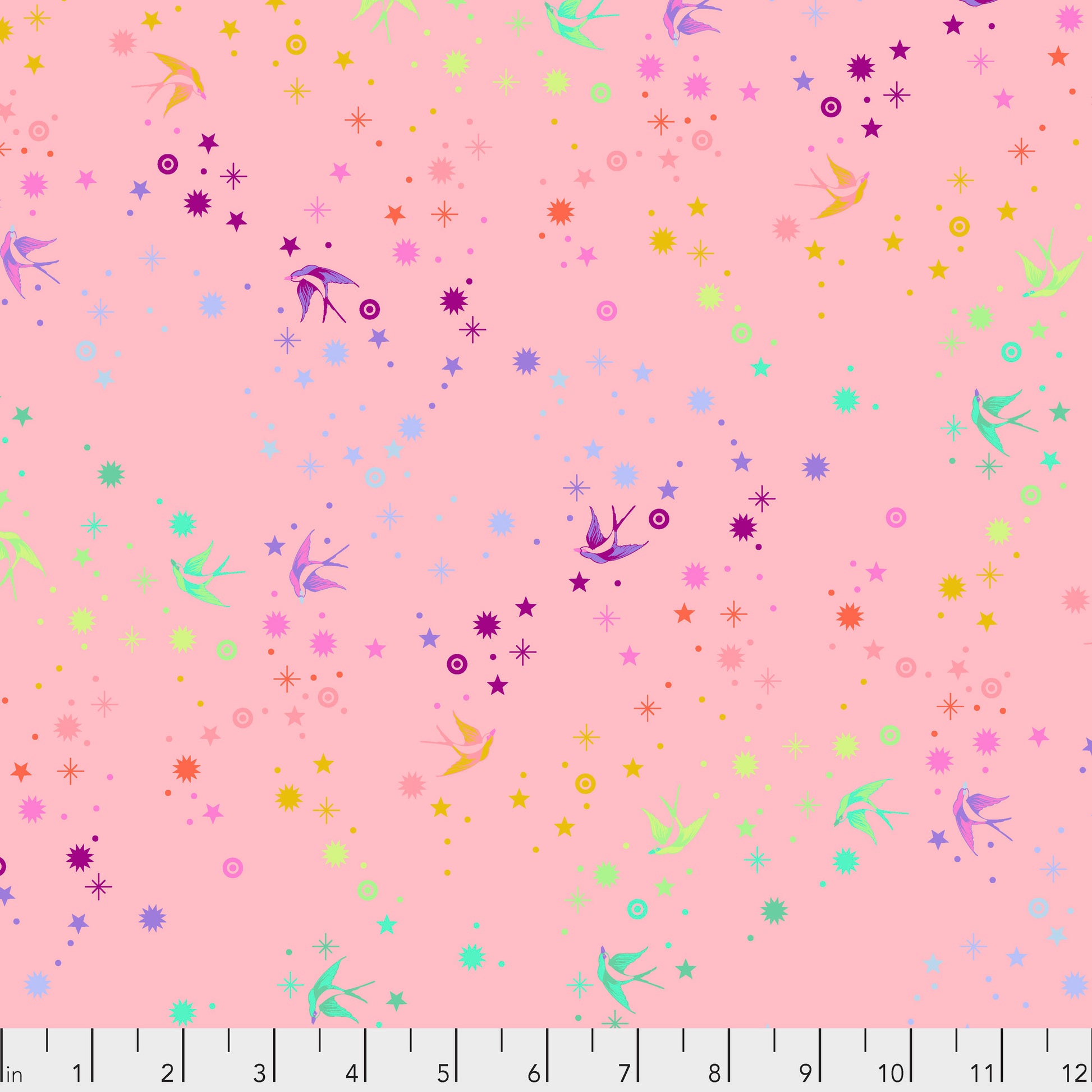 True Colors Fairy Dust in Blush features colorful birds swooping among fanciful rainbow stars on a rosy pink background.