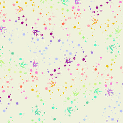 True Colors Fairy Dust in Cotton Candy features colorful birds swooping among fanciful rainbow stars on a soft white background.