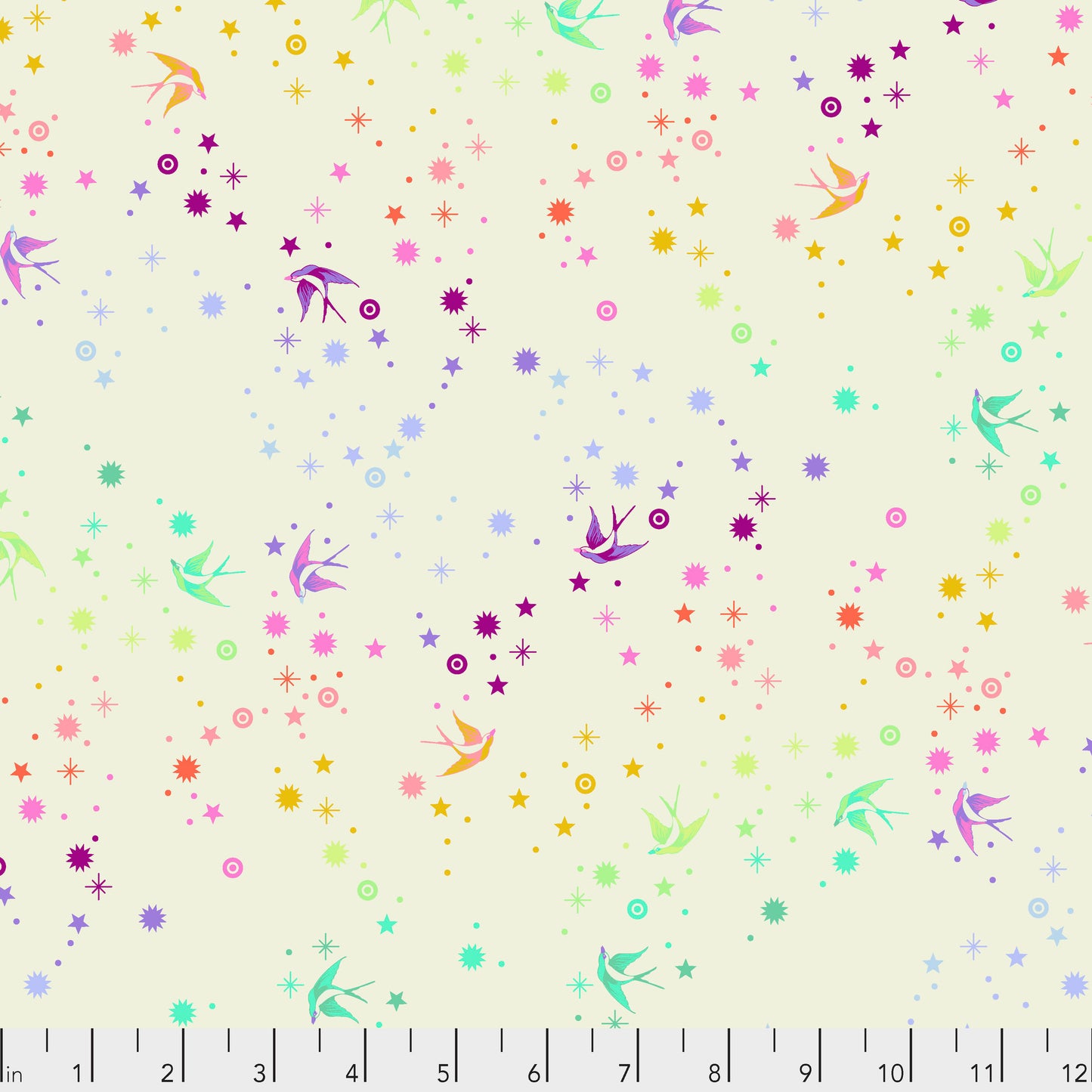 True Colors Fairy Dust in Cotton Candy features colorful birds swooping among fanciful rainbow stars on a soft white background.