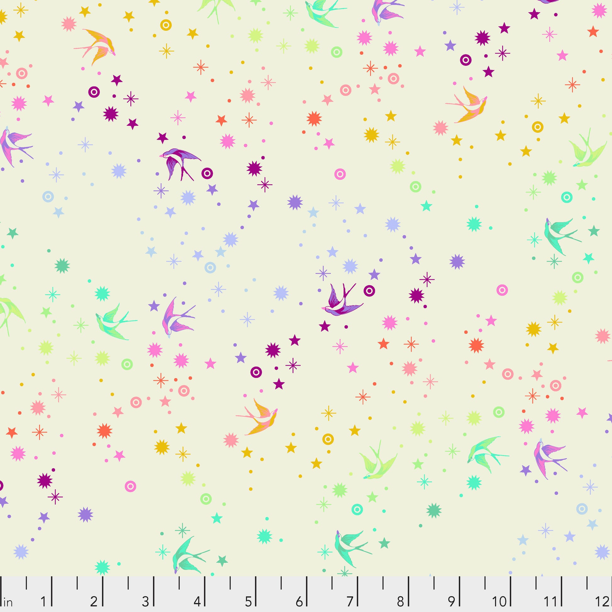 True Colors Fairy Dust in Cotton Candy features colorful birds swooping among fanciful rainbow stars on a soft white background.