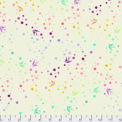 True Colors Fairy Dust in Cotton Candy features colorful birds swooping among fanciful rainbow stars on a soft white background.