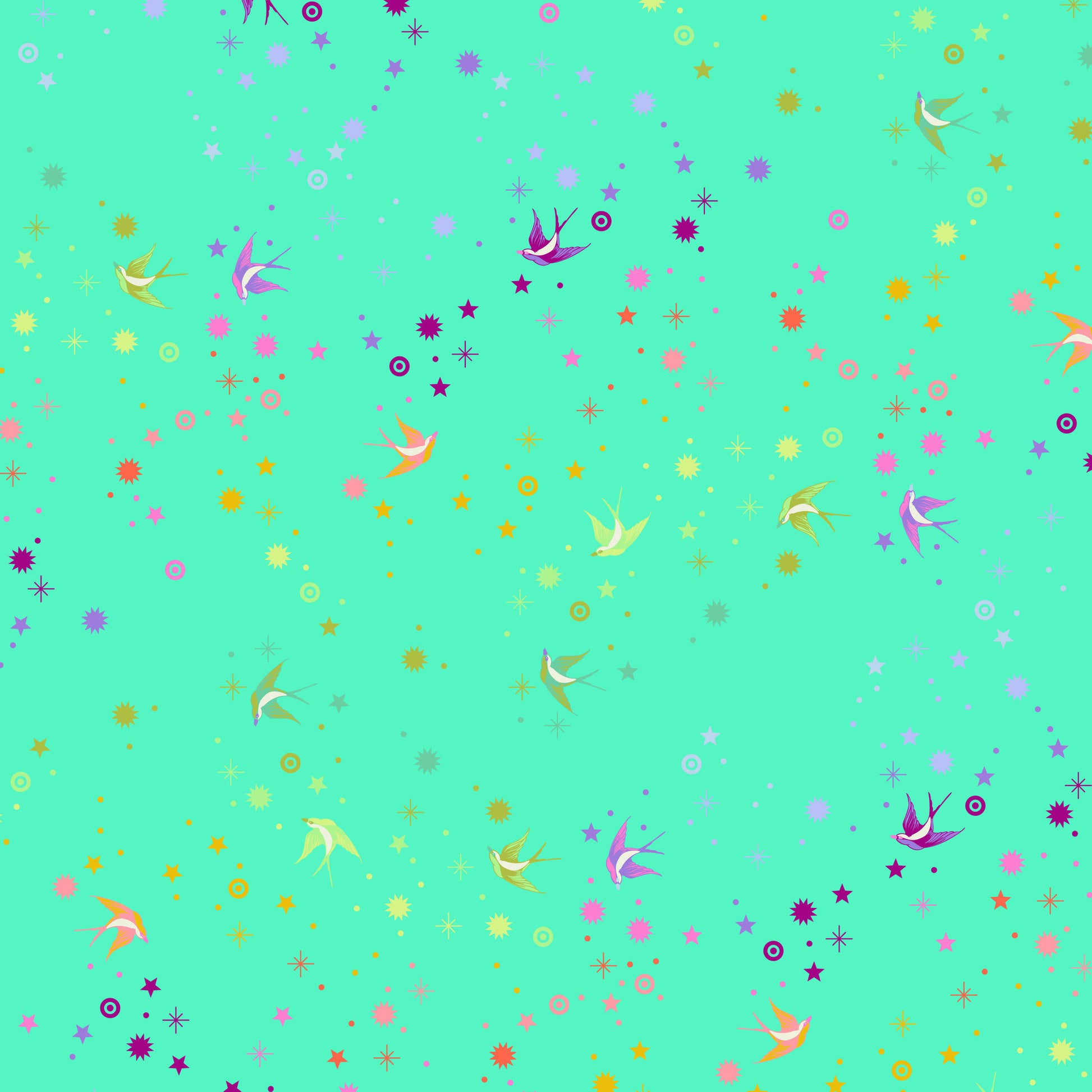 True Colors Fairy Dust in Frolic features colorful birds swooping among fanciful rainbow stars on a bright aqua-green background.