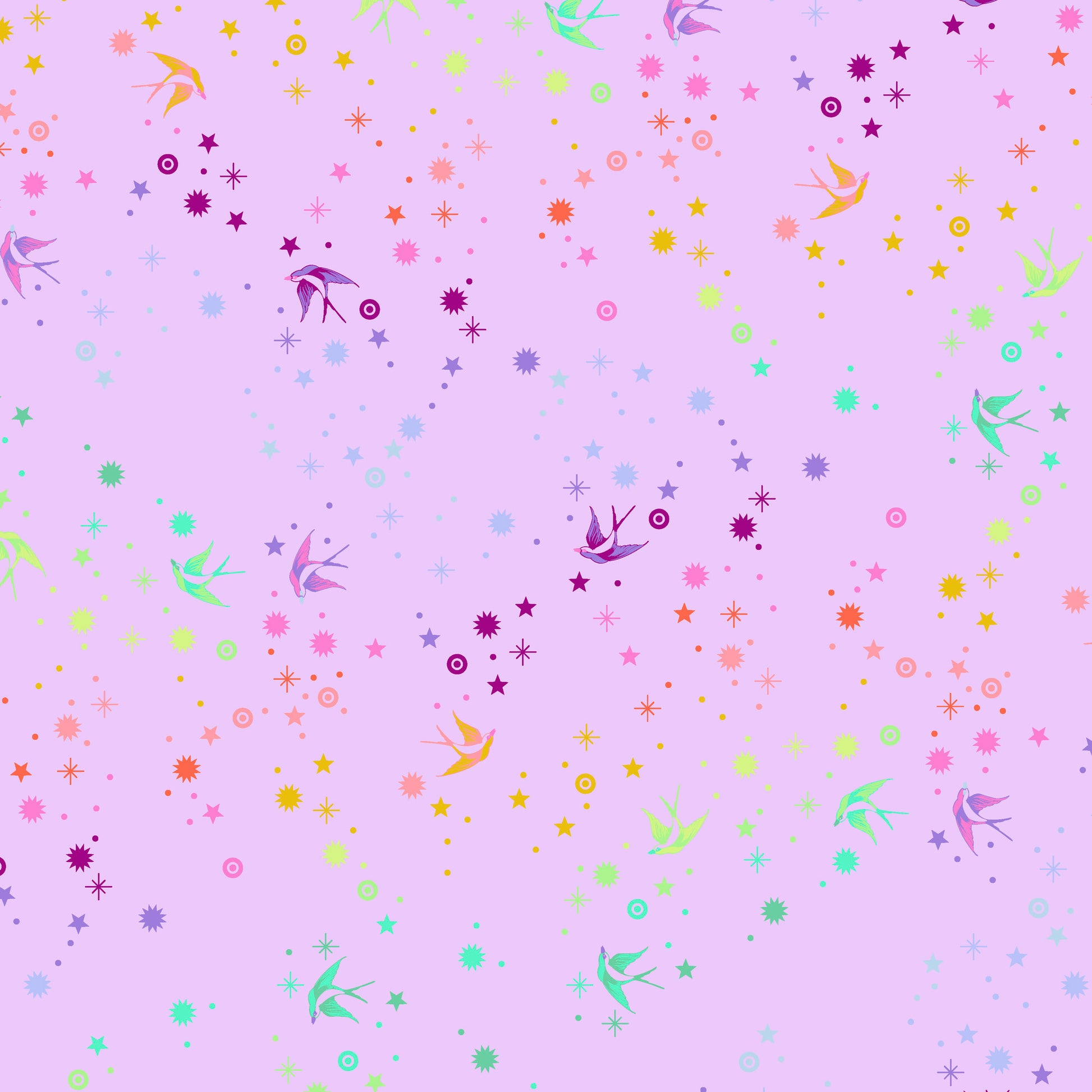 True Colors Fairy Dust in Lavender features colorful birds swooping among fanciful rainbow stars on a soft lavender background.