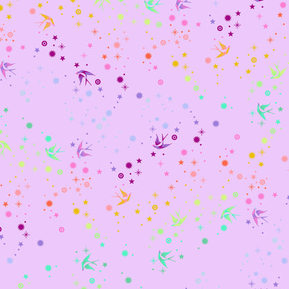 True Colors Fairy Dust in Lavender features colorful birds swooping among fanciful rainbow stars on a soft lavender background.