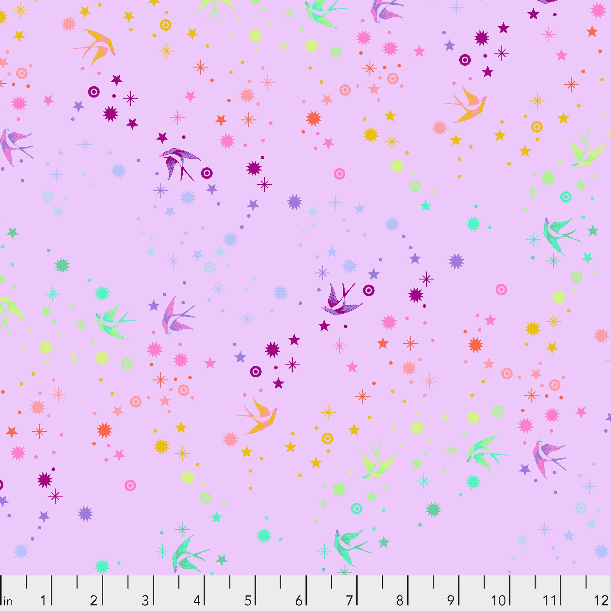 True Colors Fairy Dust in Lavender features colorful birds swooping among fanciful rainbow stars on a soft lavender background.