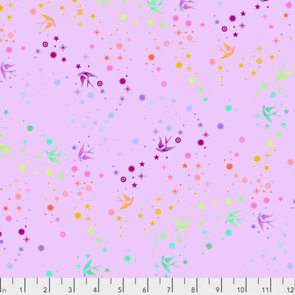 True Colors Fairy Dust in Lavender features colorful birds swooping among fanciful rainbow stars on a soft lavender background.