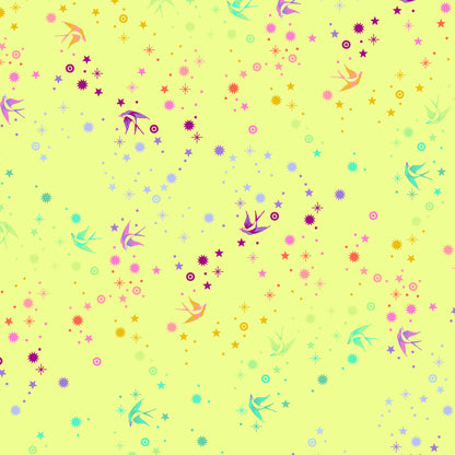 True Colors Fairy Dust in Lime features colorful birds swooping among fanciful rainbow stars on a bright yellow-green background.