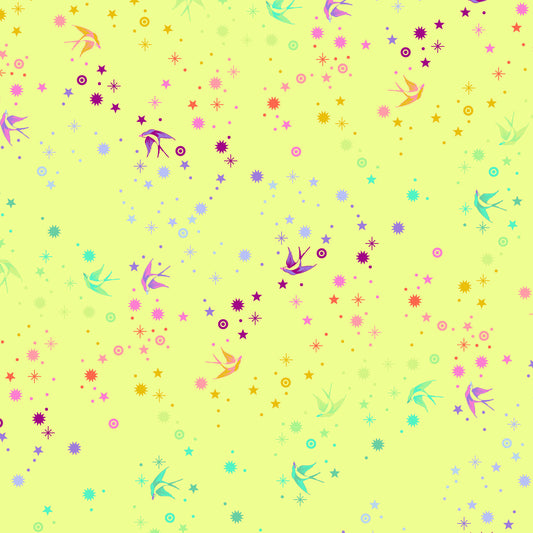 True Colors Fairy Dust in Lime features colorful birds swooping among fanciful rainbow stars on a bright yellow-green background.