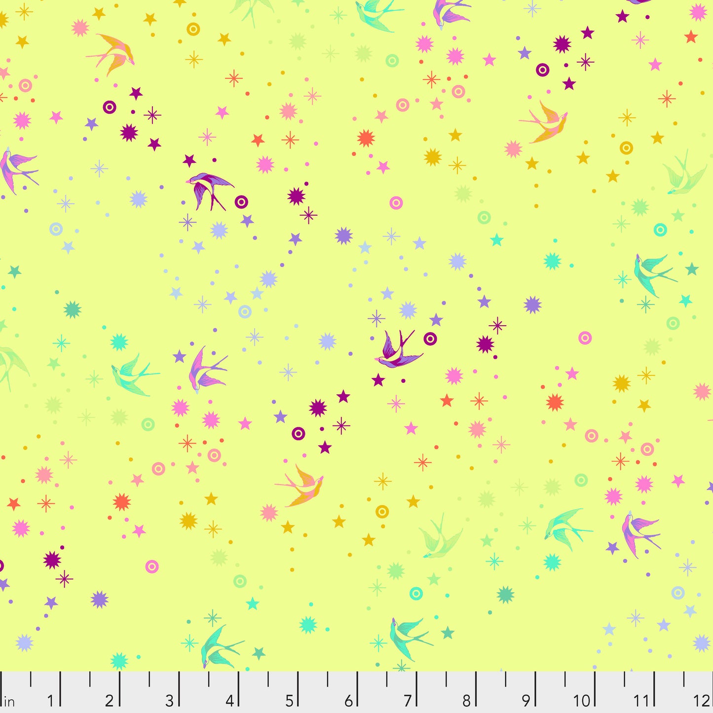 True Colors Fairy Dust in Lime features colorful birds swooping among fanciful rainbow stars on a bright yellow-green background.