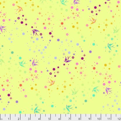 True Colors Fairy Dust in Lime features colorful birds swooping among fanciful rainbow stars on a bright yellow-green background.