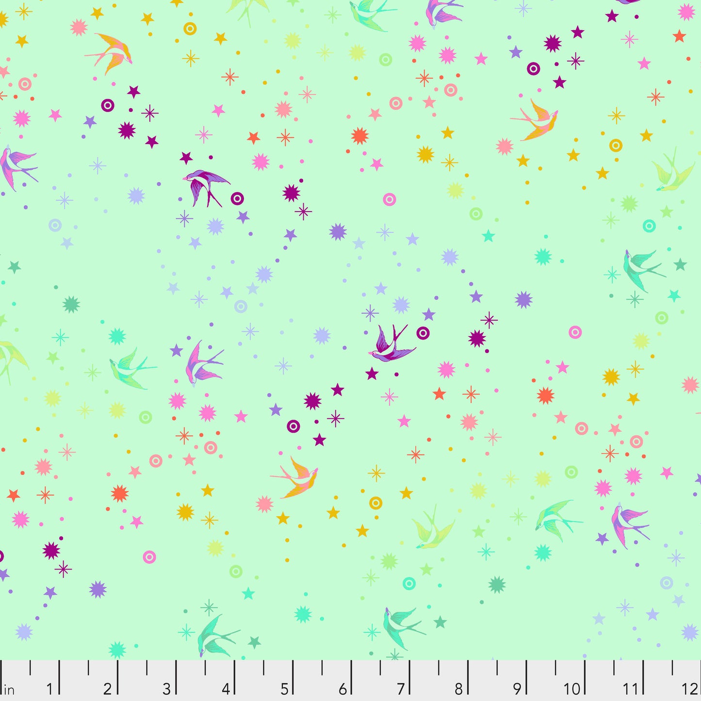 True Colors Fairy Dust in Mint features colorful birds swooping among fanciful rainbow stars on a light blue-green background.