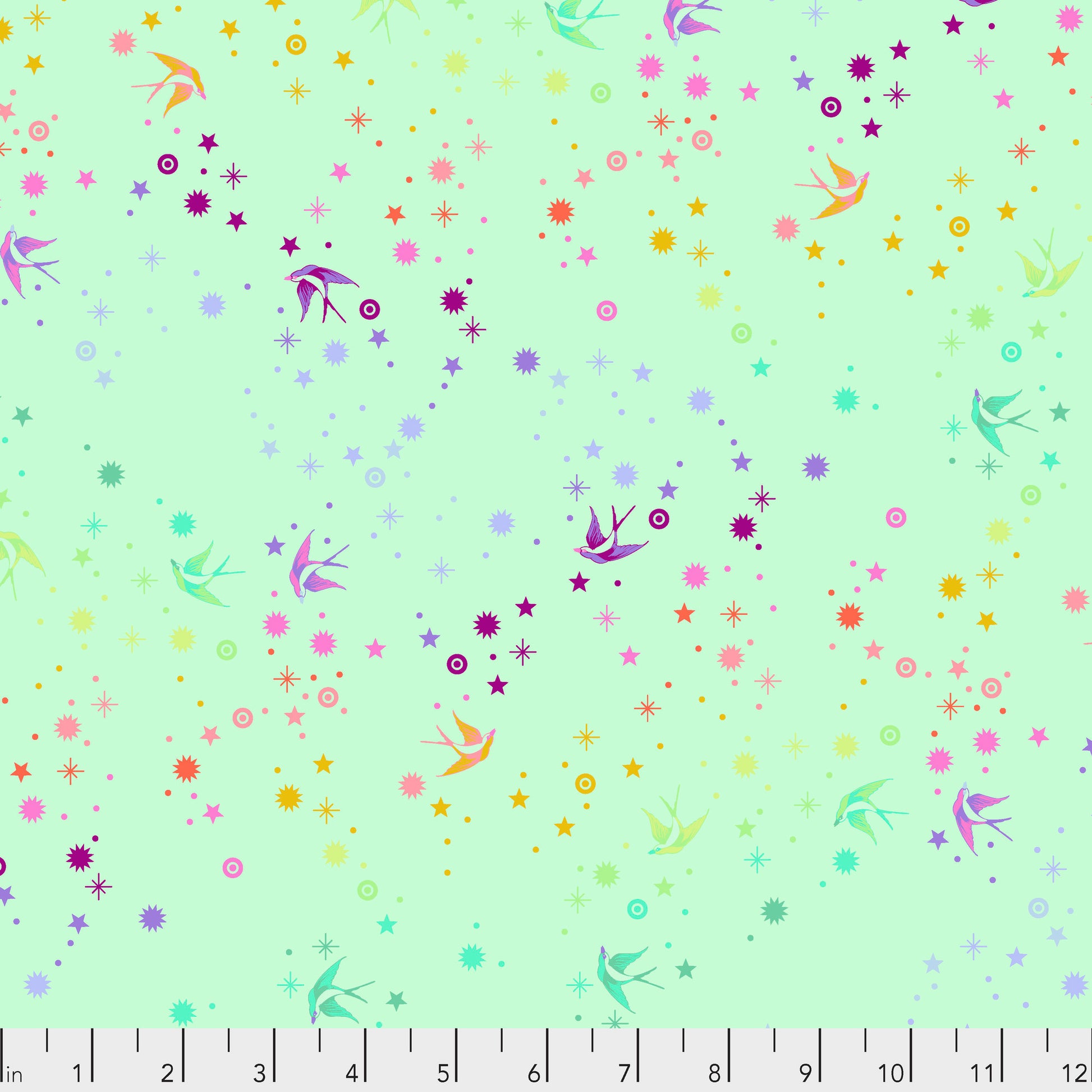 True Colors Fairy Dust in Mint features colorful birds swooping among fanciful rainbow stars on a light blue-green background.