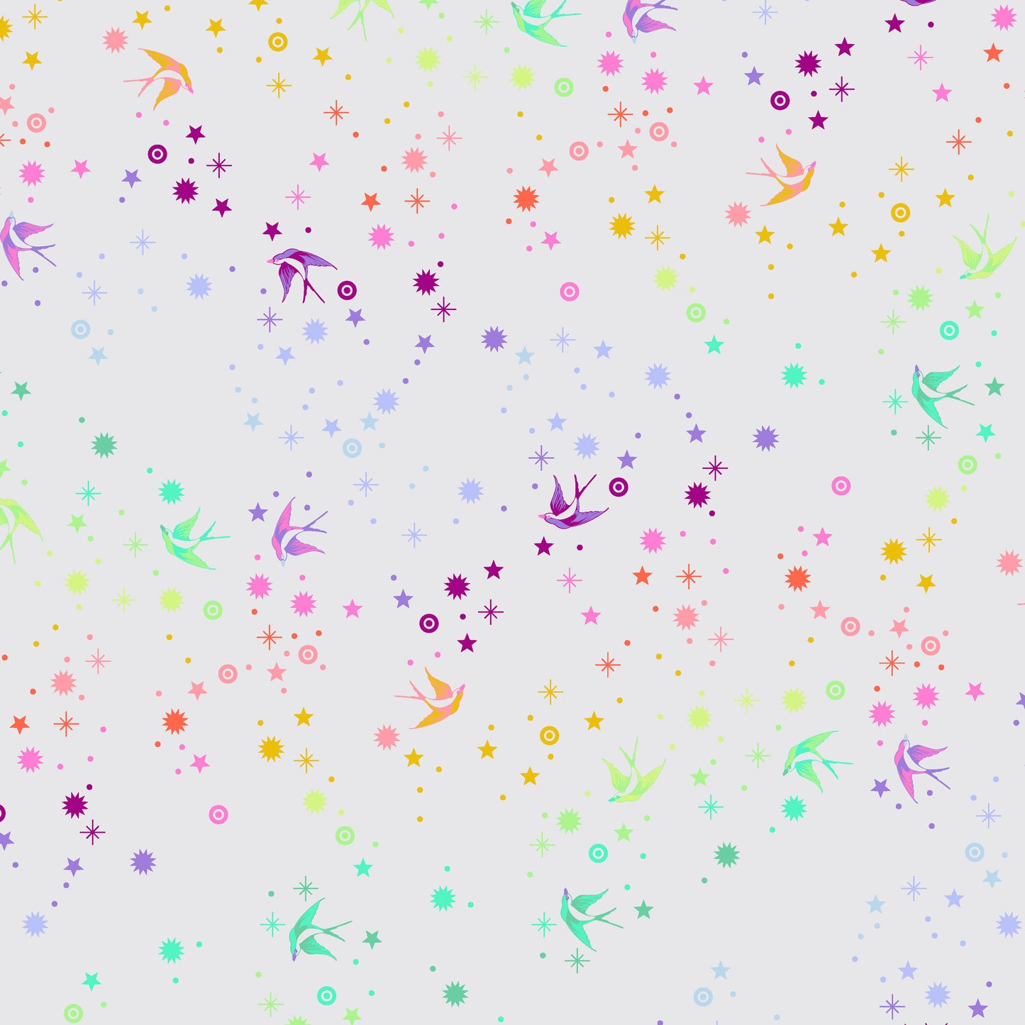 True Colors Fairy Dust in Whisper features colorful birds swooping among fanciful rainbow stars on a soft grey background.