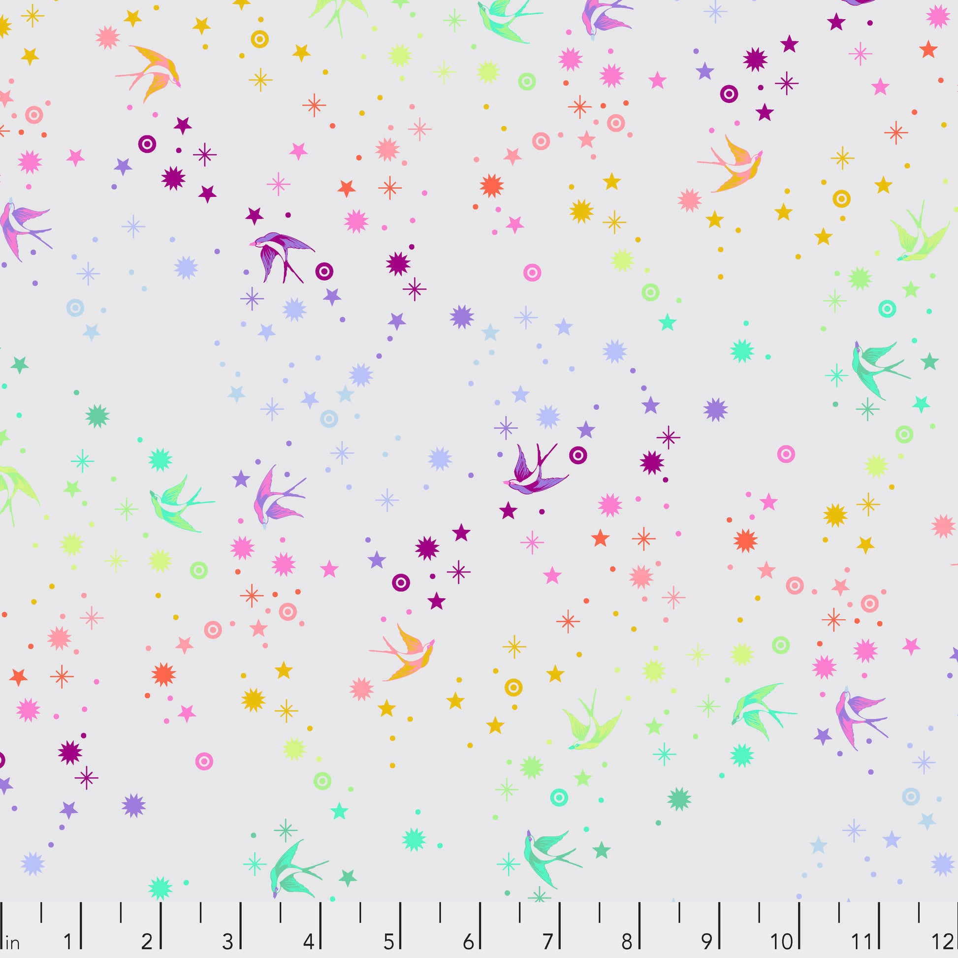 True Colors Fairy Dust in Whisper features colorful birds swooping among fanciful rainbow stars on a soft grey background.