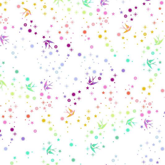 True Colors Fairy Dust in White features colorful birds swooping among fanciful rainbow stars on a pure white background.