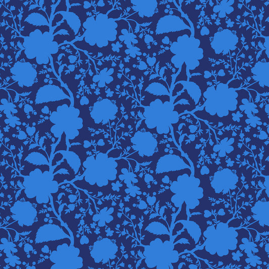 True Colors Wildflower in Anemone features bold blue silhouettes of tangled blooming vines contrasted against a dark blue background. This modern floral print highlights interesting color combinations, kickstarts quilts, and brings every project to life.