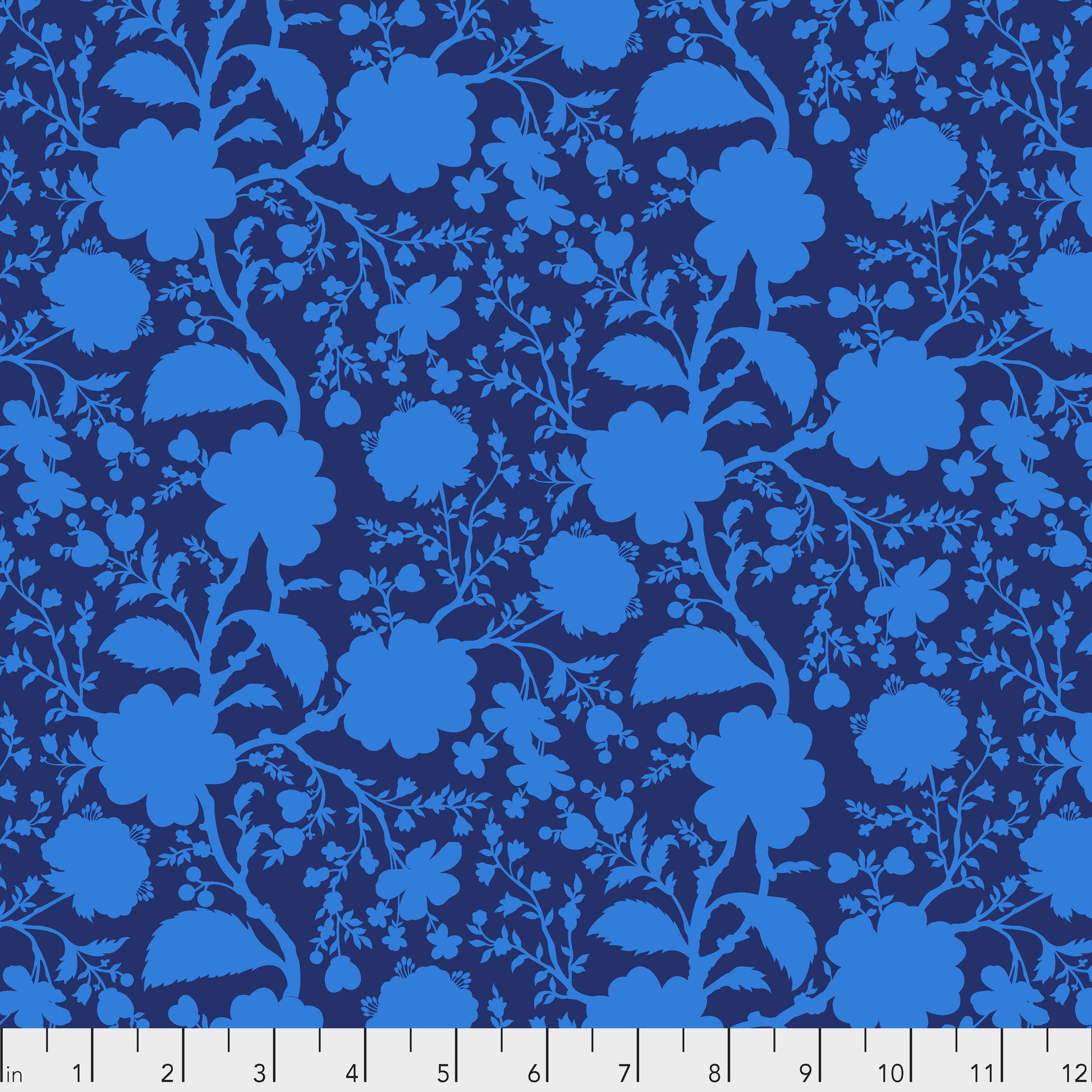 True Colors Wildflower in Anemone features bold blue silhouettes of tangled blooming vines contrasted against a dark blue background. This modern floral print highlights interesting color combinations, kickstarts quilts, and brings every project to life.