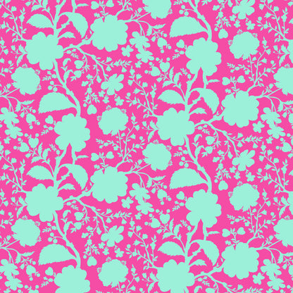 True Colors Wildflower in Azalea features bold aqua-blue silhouettes of tangled blooming vines contrasted against a bright fuchsia background. This modern floral print highlights interesting color combinations, kickstarts quilts, and brings every project to life.