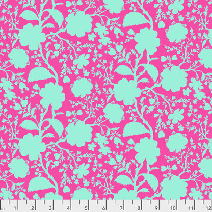 True Colors Wildflower in Azalea features bold aqua-blue silhouettes of tangled blooming vines contrasted against a bright fuchsia background. This modern floral print highlights interesting color combinations, kickstarts quilts, and brings every project to life.