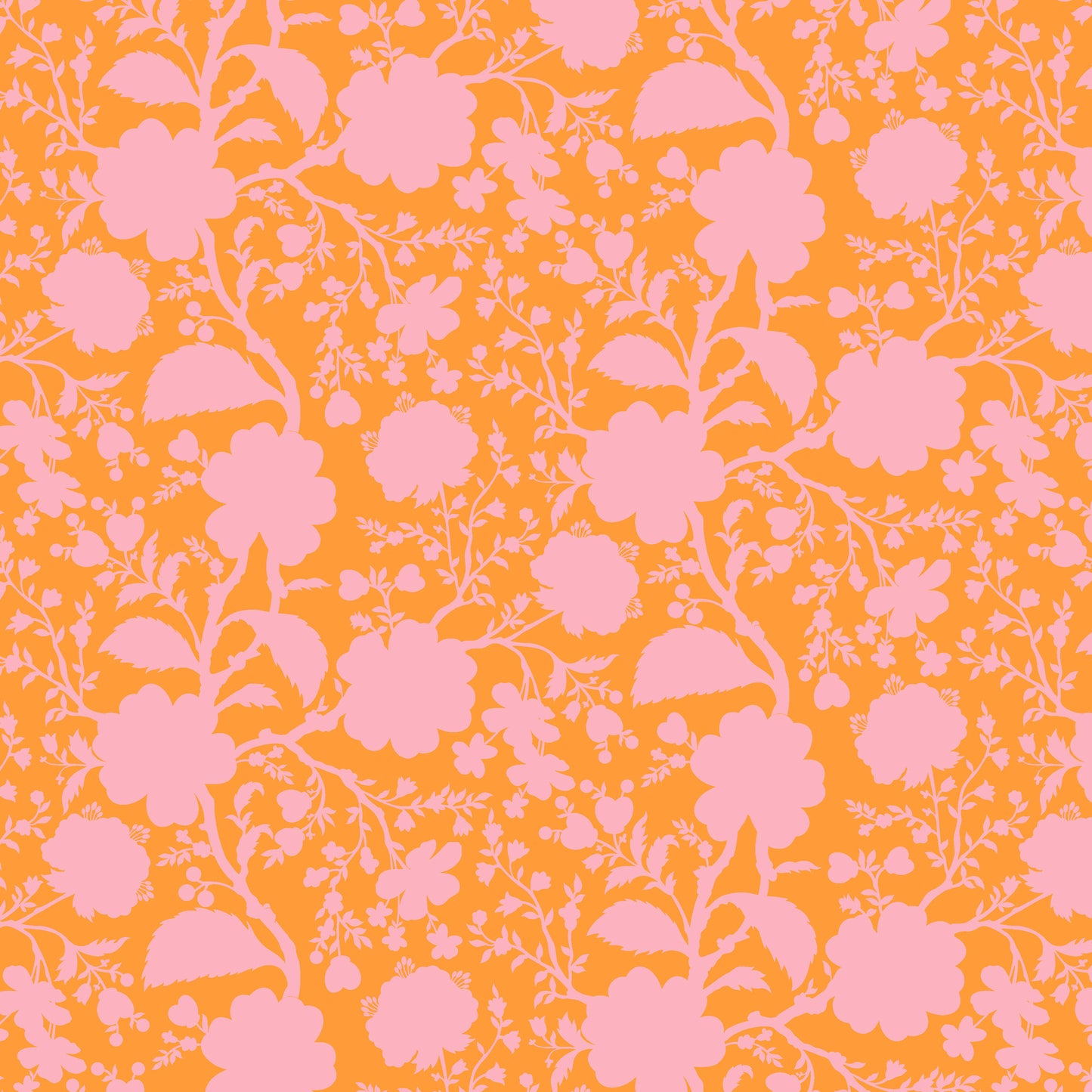 True Colors Wildflower in Blossom features bold pink silhouettes of tangled blooming vines contrasted against a peach background. This modern floral print highlights interesting color combinations, kickstarts quilts, and brings every project to life.