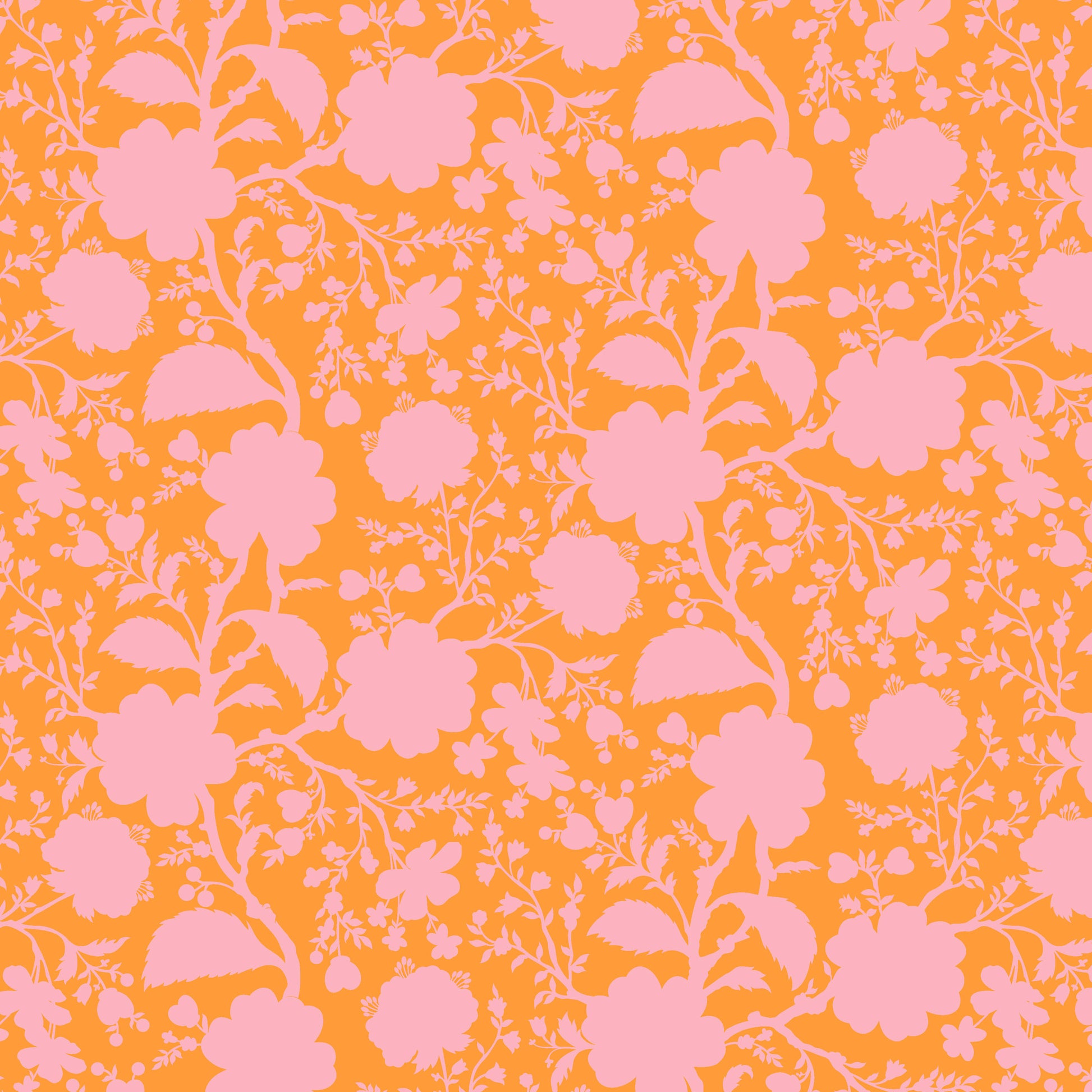 True Colors Wildflower in Blossom features bold pink silhouettes of tangled blooming vines contrasted against a peach background. This modern floral print highlights interesting color combinations, kickstarts quilts, and brings every project to life.