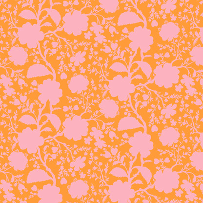 True Colors Wildflower in Blossom features bold pink silhouettes of tangled blooming vines contrasted against a peach background. This modern floral print highlights interesting color combinations, kickstarts quilts, and brings every project to life.