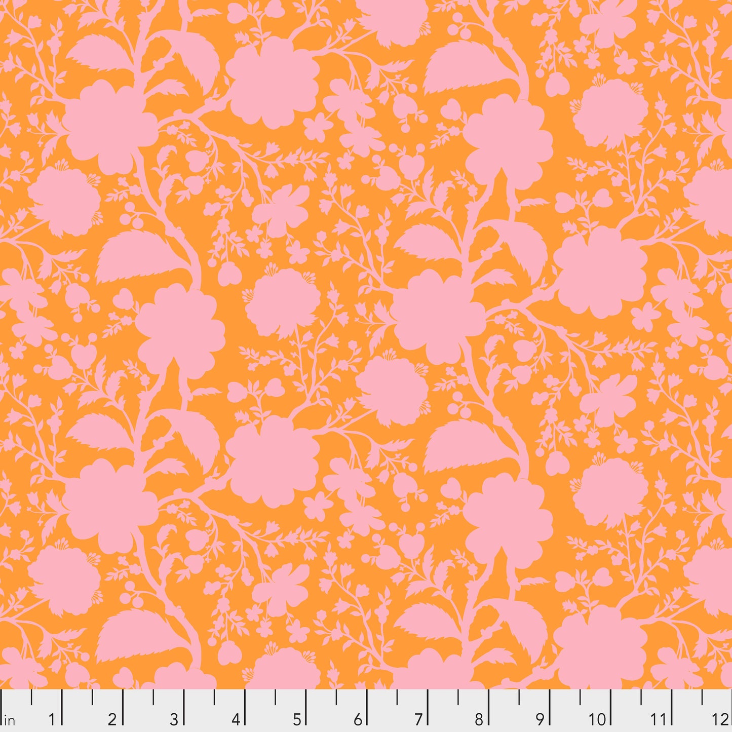 True Colors Wildflower in Blossom features bold pink silhouettes of tangled blooming vines contrasted against a peach background. This modern floral print highlights interesting color combinations, kickstarts quilts, and brings every project to life.