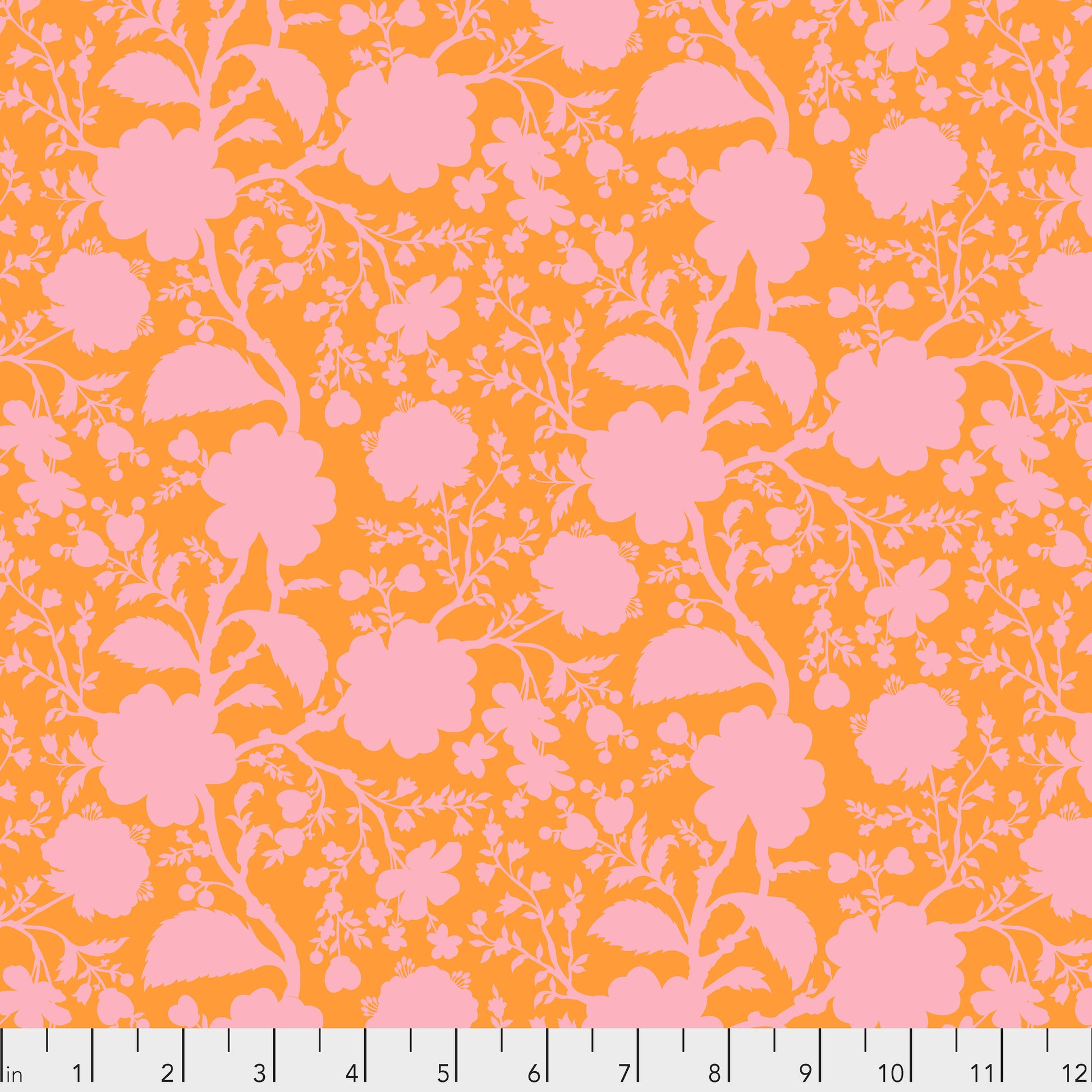 True Colors Wildflower in Blossom features bold pink silhouettes of tangled blooming vines contrasted against a peach background. This modern floral print highlights interesting color combinations, kickstarts quilts, and brings every project to life.