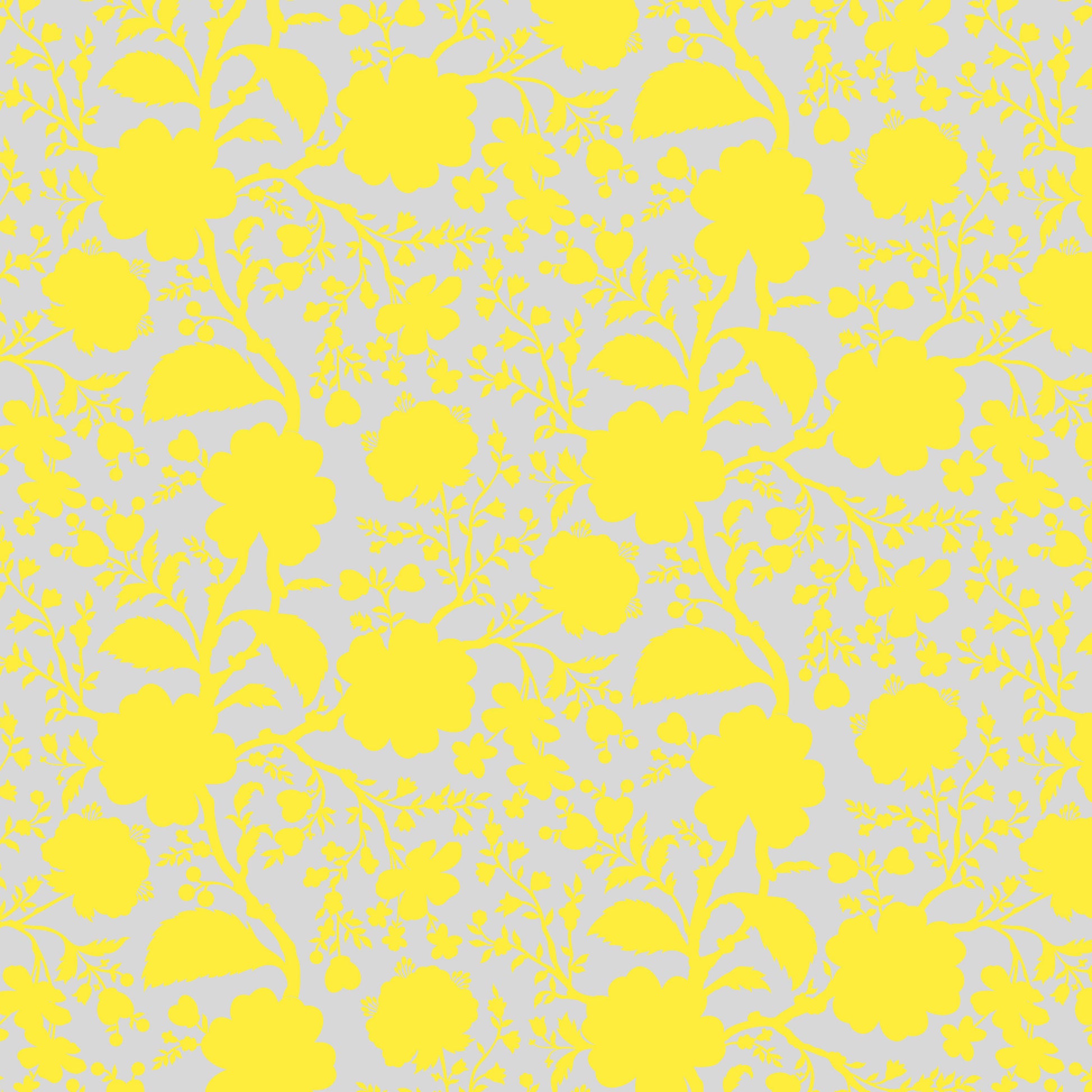 True Colors Wildflower in Daisy features bold yellow silhouettes of tangled blooming vines contrasted against a soft grey background. This modern floral print highlights interesting color combinations, kickstarts quilts, and brings every project to life.