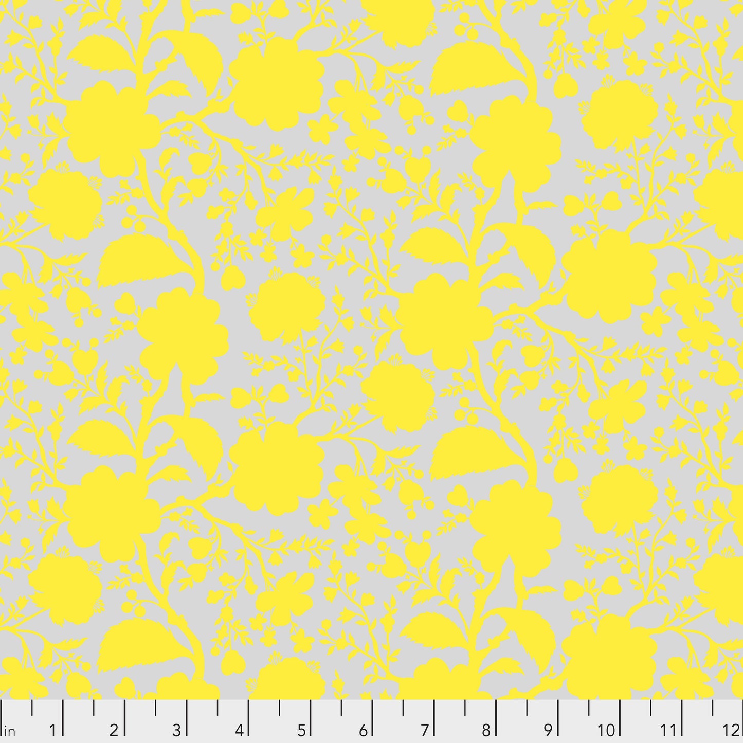 True Colors Wildflower in Daisy features bold yellow silhouettes of tangled blooming vines contrasted against a soft grey background. This modern floral print highlights interesting color combinations, kickstarts quilts, and brings every project to life.