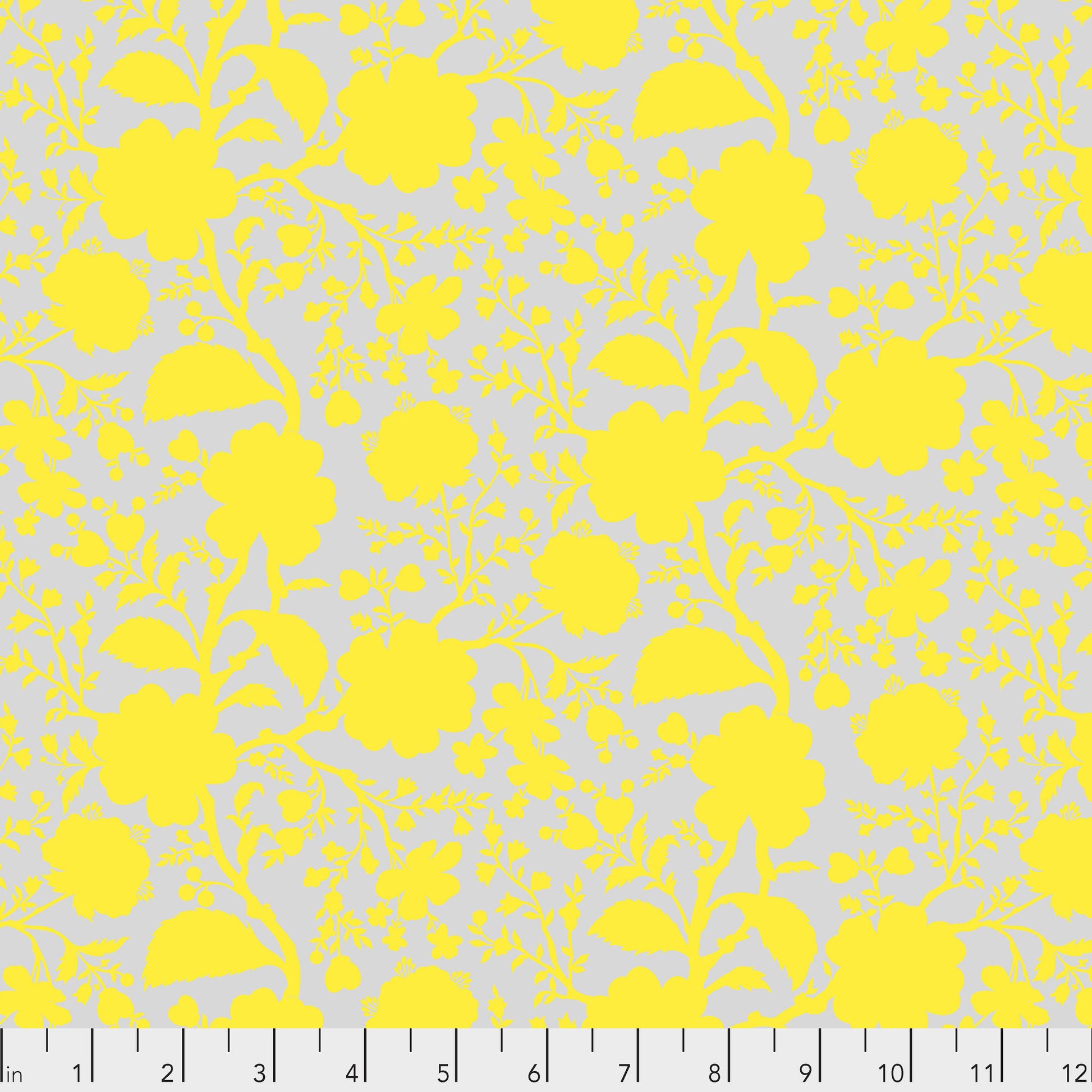 True Colors Wildflower in Daisy features bold yellow silhouettes of tangled blooming vines contrasted against a soft grey background. This modern floral print highlights interesting color combinations, kickstarts quilts, and brings every project to life.