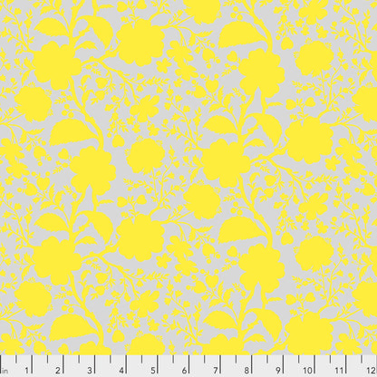 True Colors Wildflower in Daisy features bold yellow silhouettes of tangled blooming vines contrasted against a soft grey background. This modern floral print highlights interesting color combinations, kickstarts quilts, and brings every project to life.