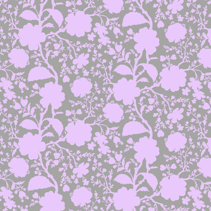 True Colors Wildflower in Hydrangea features soft lavender silhouettes of tangled blooming vines contrasted against a pastel grey background. This modern floral print highlights interesting color combinations, kickstarts quilts, and brings every project to life.