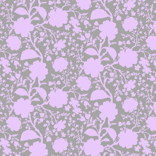 True Colors Wildflower in Hydrangea features soft lavender silhouettes of tangled blooming vines contrasted against a pastel grey background. This modern floral print highlights interesting color combinations, kickstarts quilts, and brings every project to life.