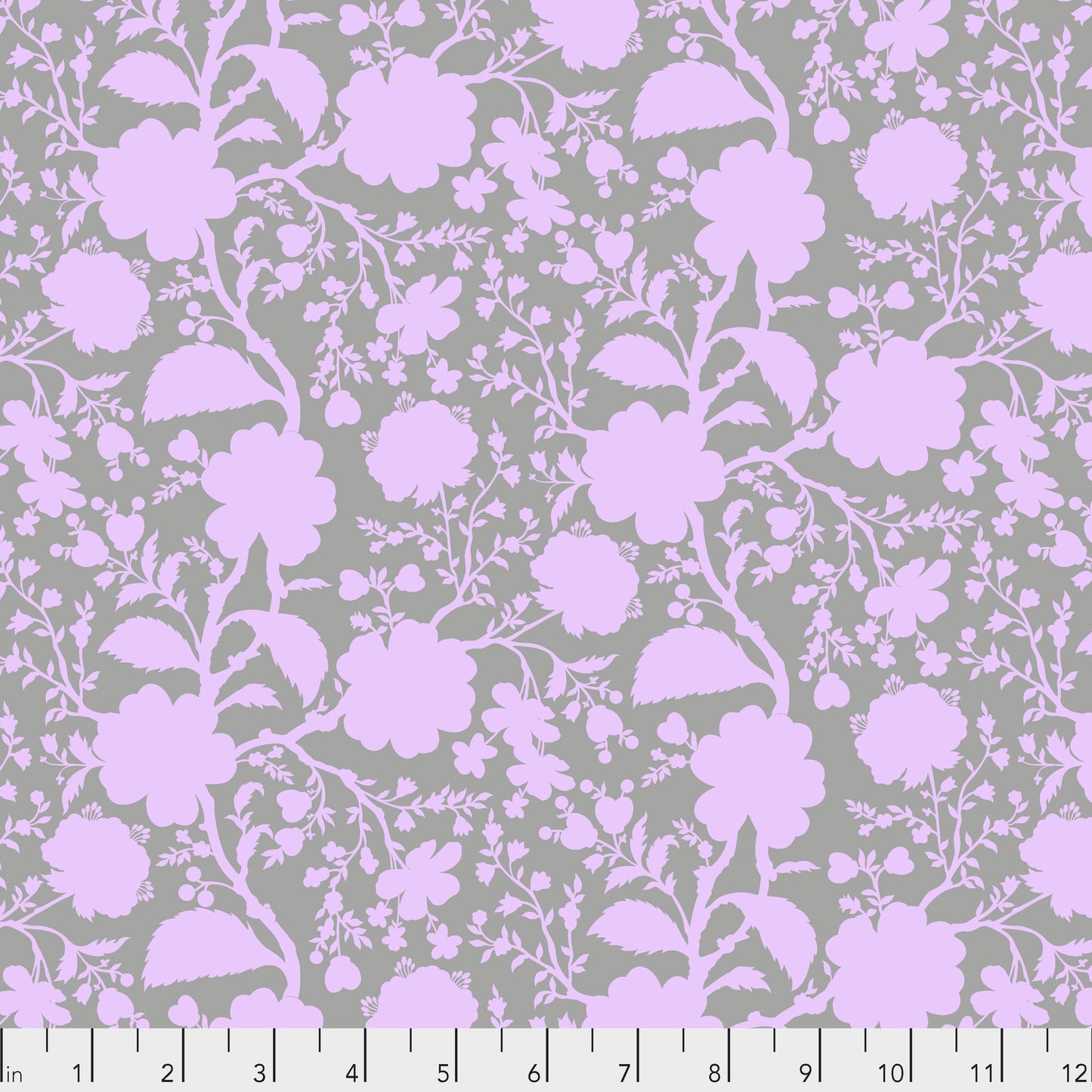 True Colors Wildflower in Hydrangea features soft lavender silhouettes of tangled blooming vines contrasted against a pastel grey background. This modern floral print highlights interesting color combinations, kickstarts quilts, and brings every project to life.