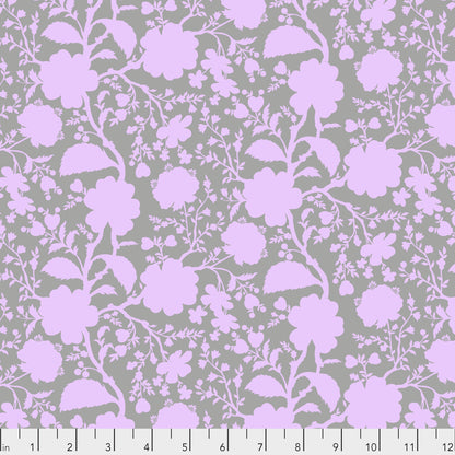 True Colors Wildflower in Hydrangea features soft lavender silhouettes of tangled blooming vines contrasted against a pastel grey background. This modern floral print highlights interesting color combinations, kickstarts quilts, and brings every project to life.