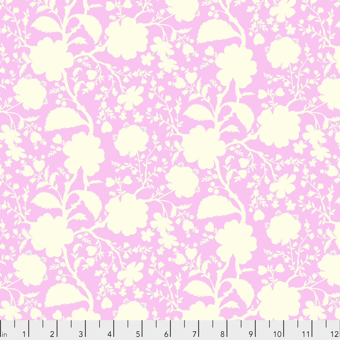 True Colors Wildflower in Peony features soft creamy white silhouettes of tangled blooming vines contrasted against a pastel pink background. This modern floral print highlights interesting color combinations, kickstarts quilts, and brings every project to life.