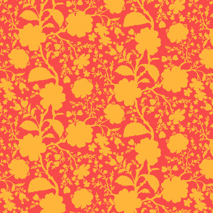 True Colors Wildflower in Snapdragon features bold orange silhouettes of tangled blooming vines contrasted against a bright red background. This modern floral print highlights interesting color combinations, kickstarts quilts, and brings every project to life.