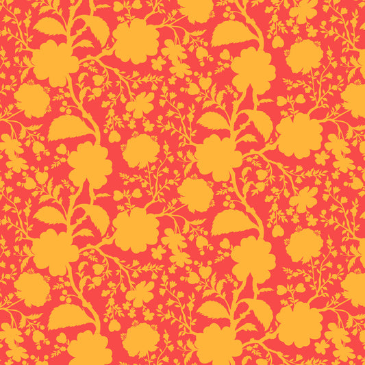 True Colors Wildflower in Snapdragon features bold orange silhouettes of tangled blooming vines contrasted against a bright red background. This modern floral print highlights interesting color combinations, kickstarts quilts, and brings every project to life.