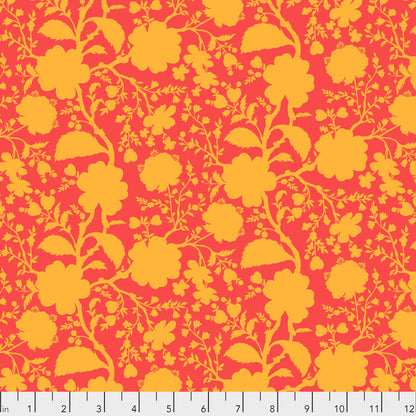 True Colors Wildflower in Snapdragon features bold orange silhouettes of tangled blooming vines contrasted against a bright red background. This modern floral print highlights interesting color combinations, kickstarts quilts, and brings every project to life.