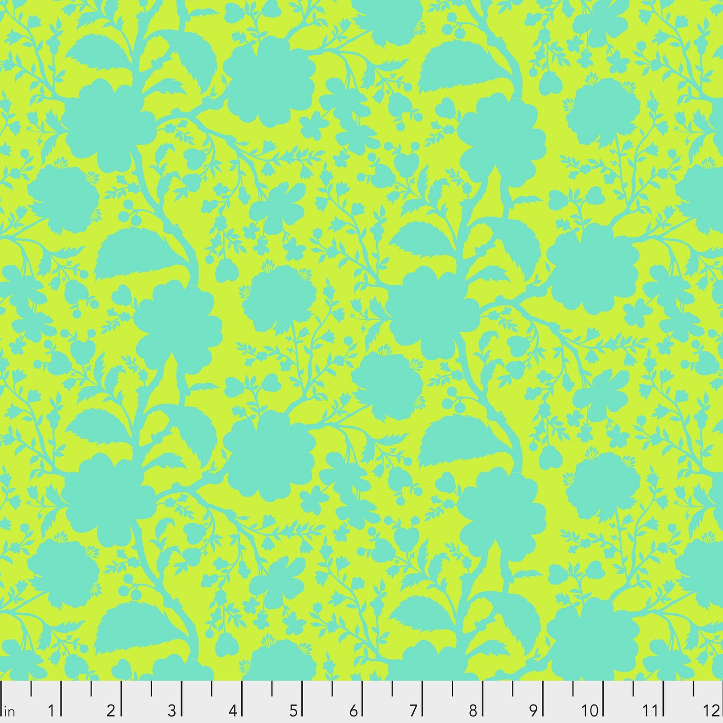 True Colors Wildflower in Spring features bold teal silhouettes of tangled blooming vines contrasted against a bright green background. This modern floral print highlights interesting color combinations, kickstarts quilts, and brings every project to life.