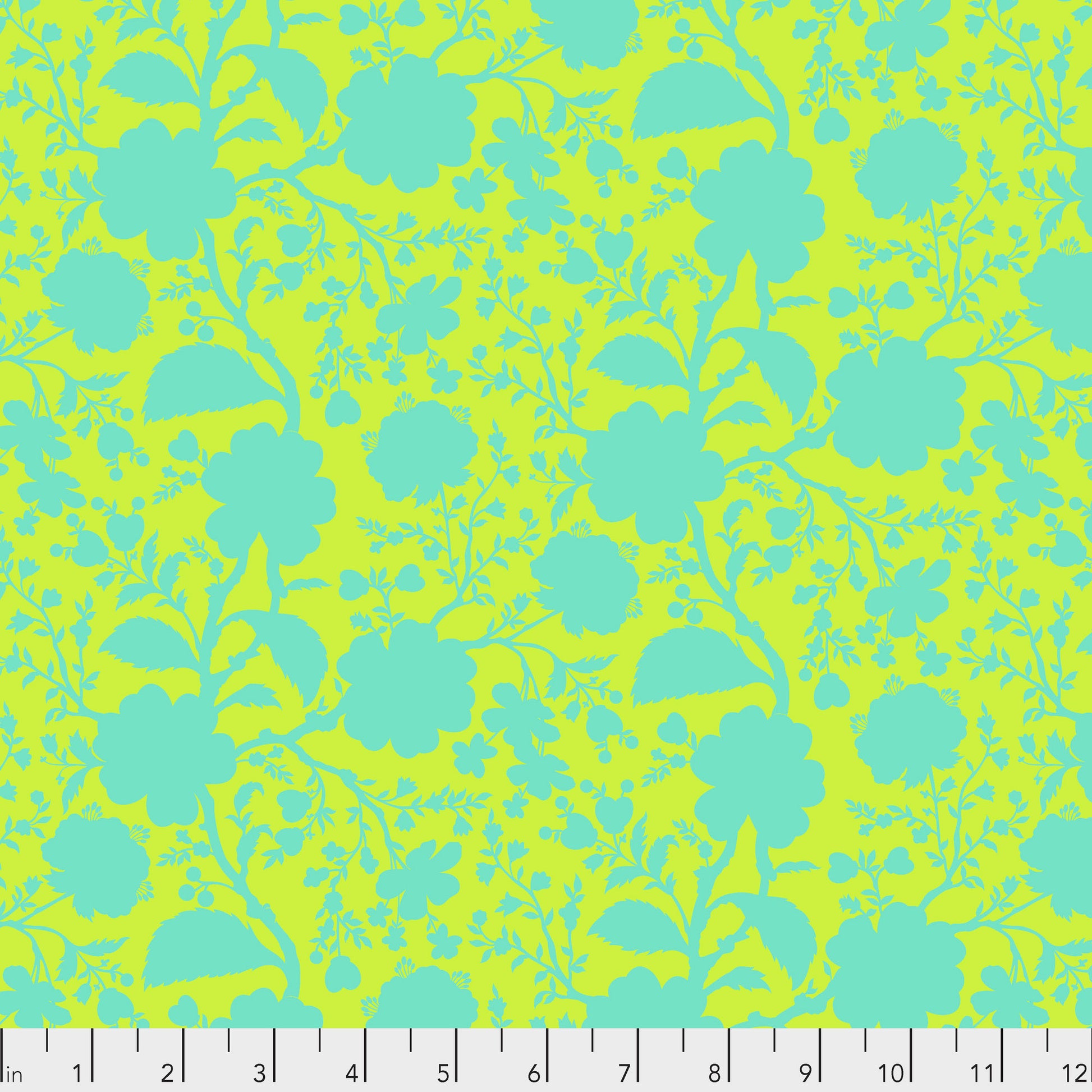 True Colors Wildflower in Spring features bold teal silhouettes of tangled blooming vines contrasted against a bright green background. This modern floral print highlights interesting color combinations, kickstarts quilts, and brings every project to life.