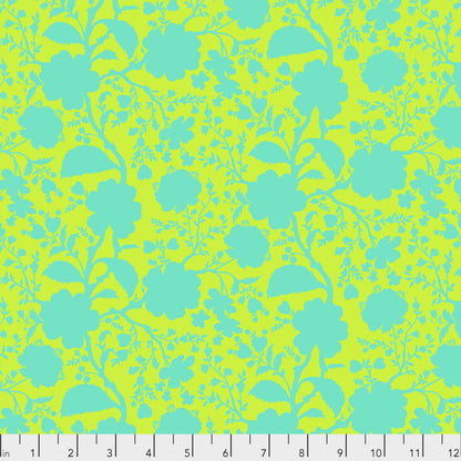 True Colors Wildflower in Spring features bold teal silhouettes of tangled blooming vines contrasted against a bright green background. This modern floral print highlights interesting color combinations, kickstarts quilts, and brings every project to life.