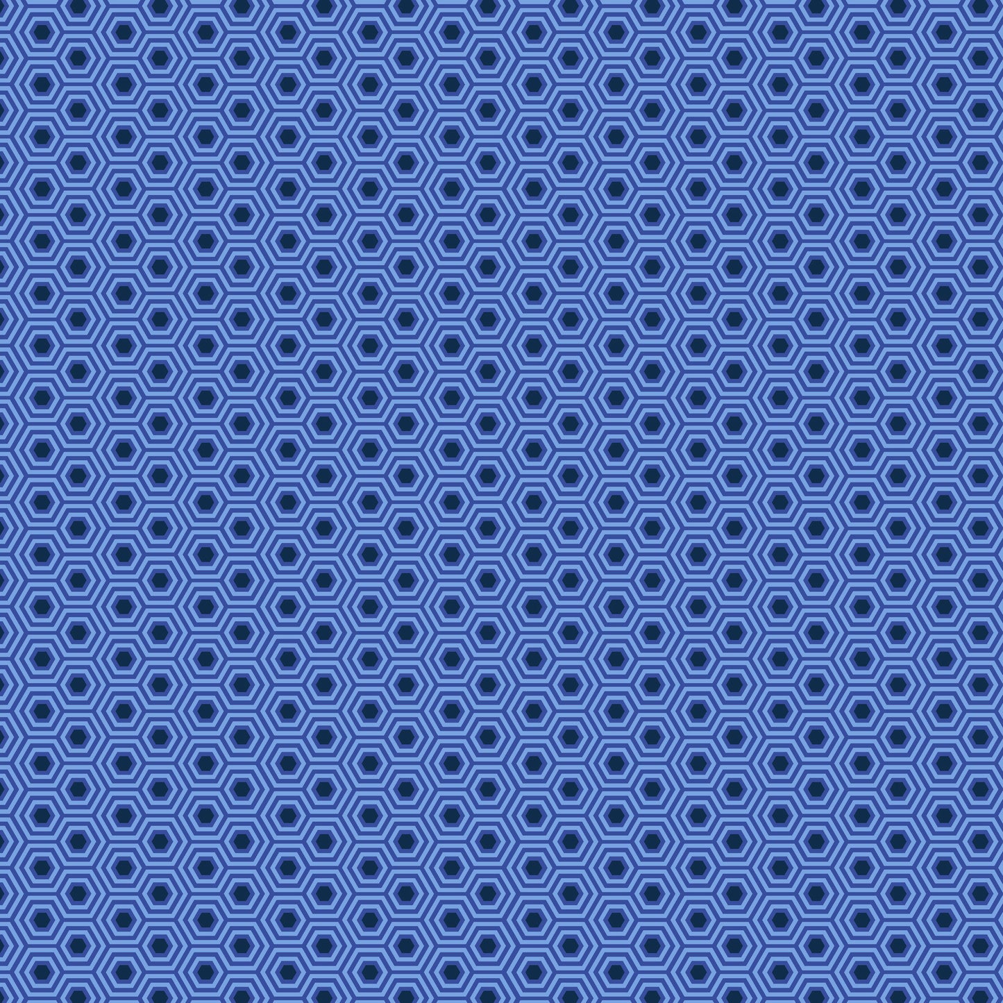 True Colors Hexy in Deep Sea features bold dots of navy blue that form the centers of bright blue hexagons.