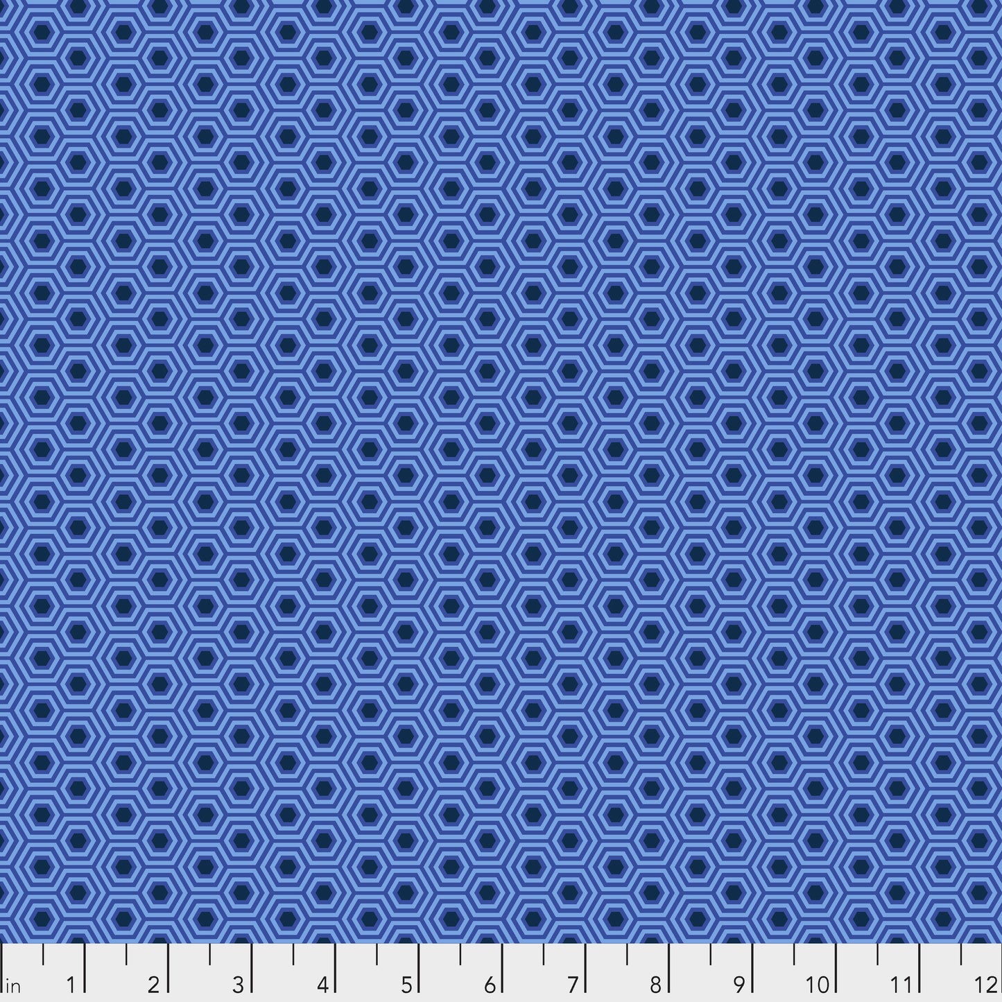 True Colors Hexy in Deep Sea features bold dots of navy blue that form the centers of bright blue hexagons.