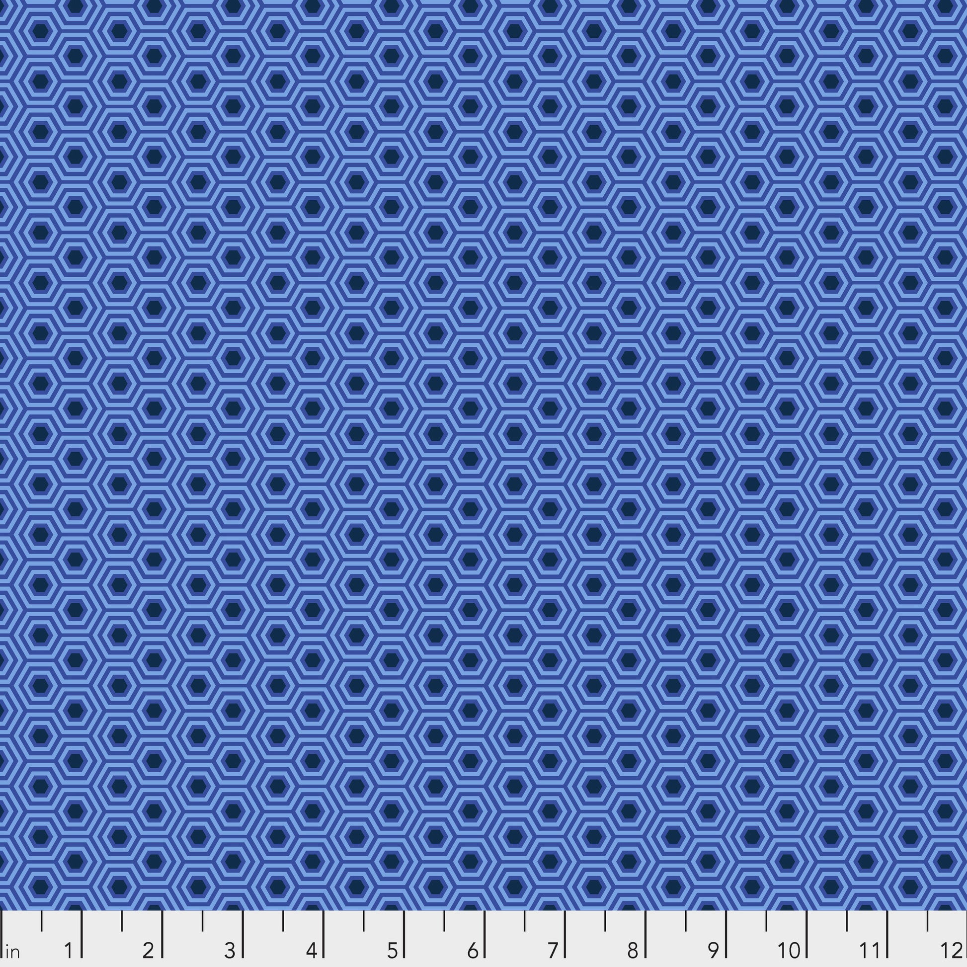 True Colors Hexy in Deep Sea features bold dots of navy blue that form the centers of bright blue hexagons.