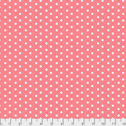 True Colors Hexy in Flamingo features bright dots of soft white that form the centers of small pink hexagons.